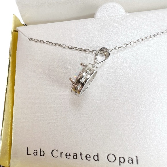 Radiant Gem Sterling Silver Lab Created Opal & Sapphire Round Pendant Necklace - Picture 7 of 14